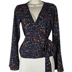 Chloe & Katie Dark Floral Faux Wrap Top Long Bell Boho Hippie Office Small